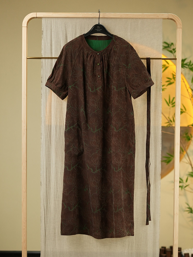 锦传统手工整染香云纱冠乐绉双面连衣裙25065·透彩绿色