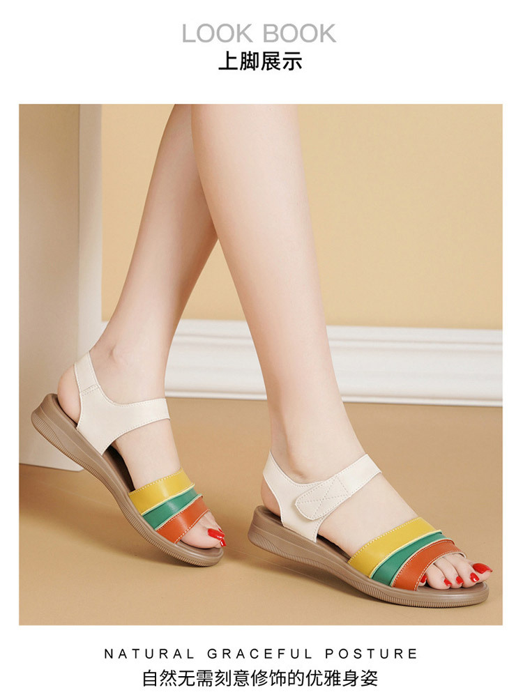 多彩真皮魔术贴乳胶鞋垫平跟厚底防滑凉鞋·棕色