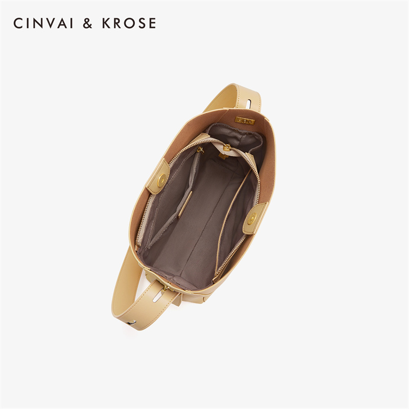 CinvaiKrose 包包潮牛皮水桶包女包大容量单肩斜挎包B6214·棕色