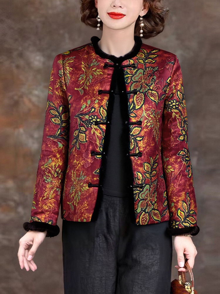 法薇姿皮草边国风棉服外套·红色