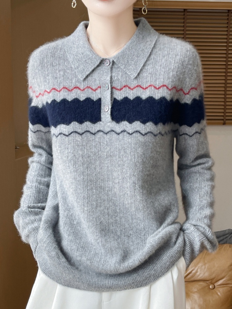 【100羊毛】特舒翻领氛围感波纹毛衣TS-235·灰色