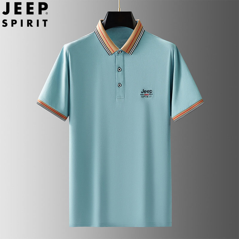 jeep2023春夏新款短袖Polo衫男士翻领宽松休闲潮流上衣H-2301#·水蓝