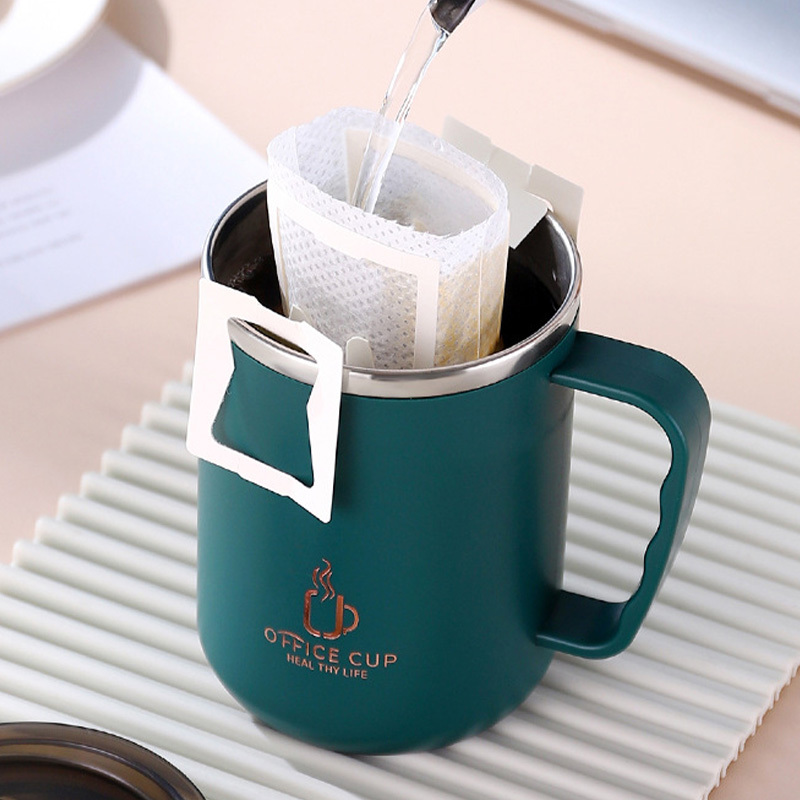 304不锈钢马克杯双层咖啡牛奶刻度口杯创意保温茶杯500ml·墨绿色