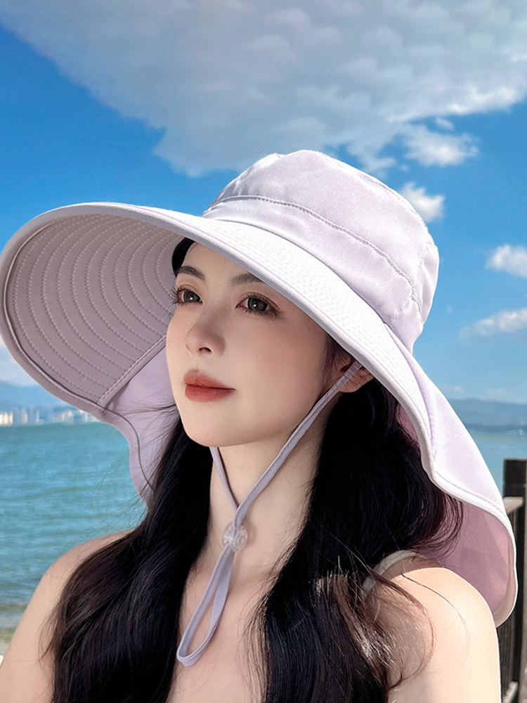 丁摩 防晒太阳帽带马尾孔帽子女大檐披肩渔夫帽潮8112·8112-成人北欧灰