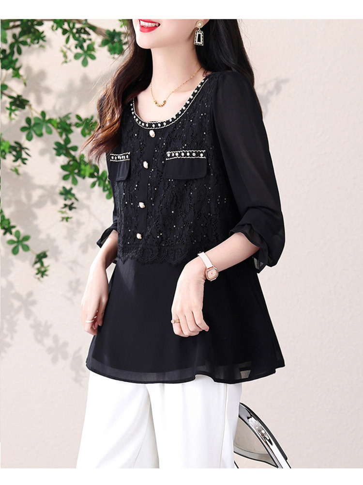 新款蕾丝亮皮拼接假两件宽松显瘦圆领雪纺衫·黑色
