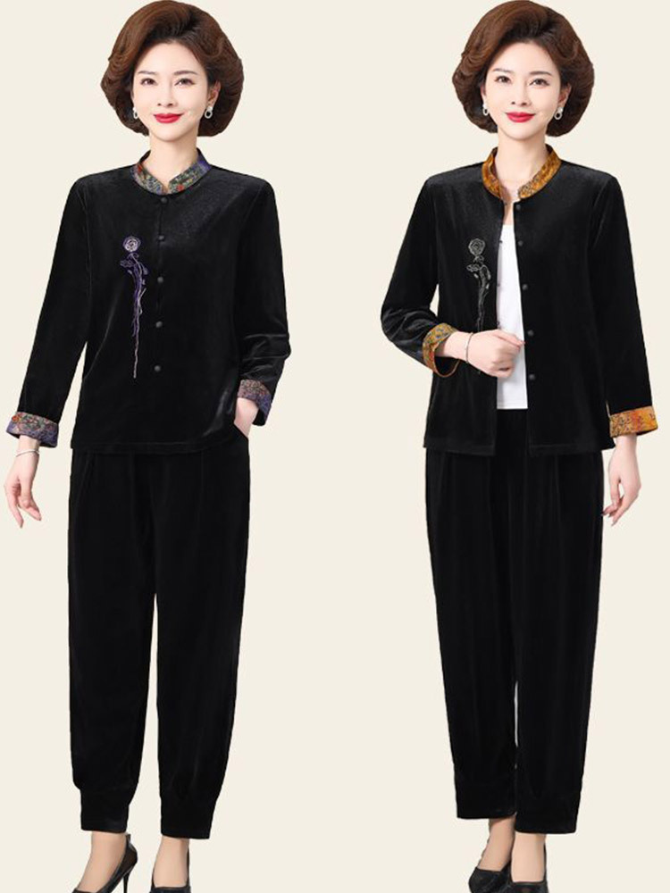【上衣+裤子】国色天香优雅宽松丝绒套装·黑紫套装