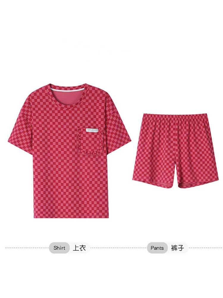 婵阅专柜高货纯棉短袖短裤100全棉女士休闲家居服套装·ZJ-47004-格子