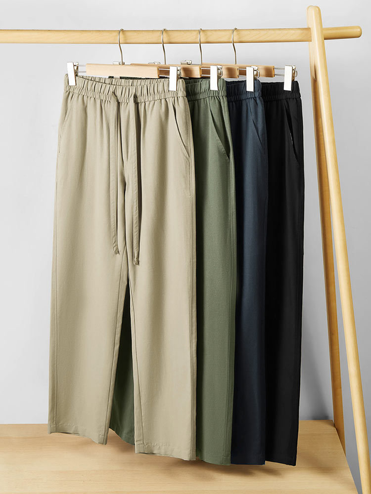 天丝棉麻松紧腰抽绳宽松男士直筒裤CK103#·藏青色