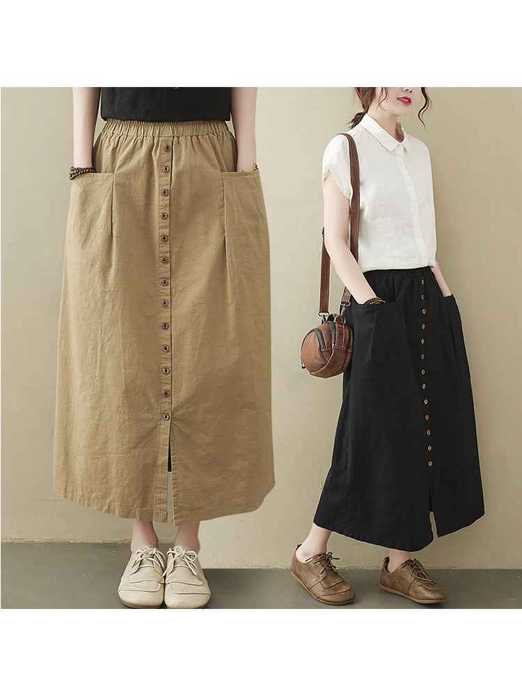 新款棉麻文艺复古松紧腰口袋显瘦百搭中长款半裙·黑色