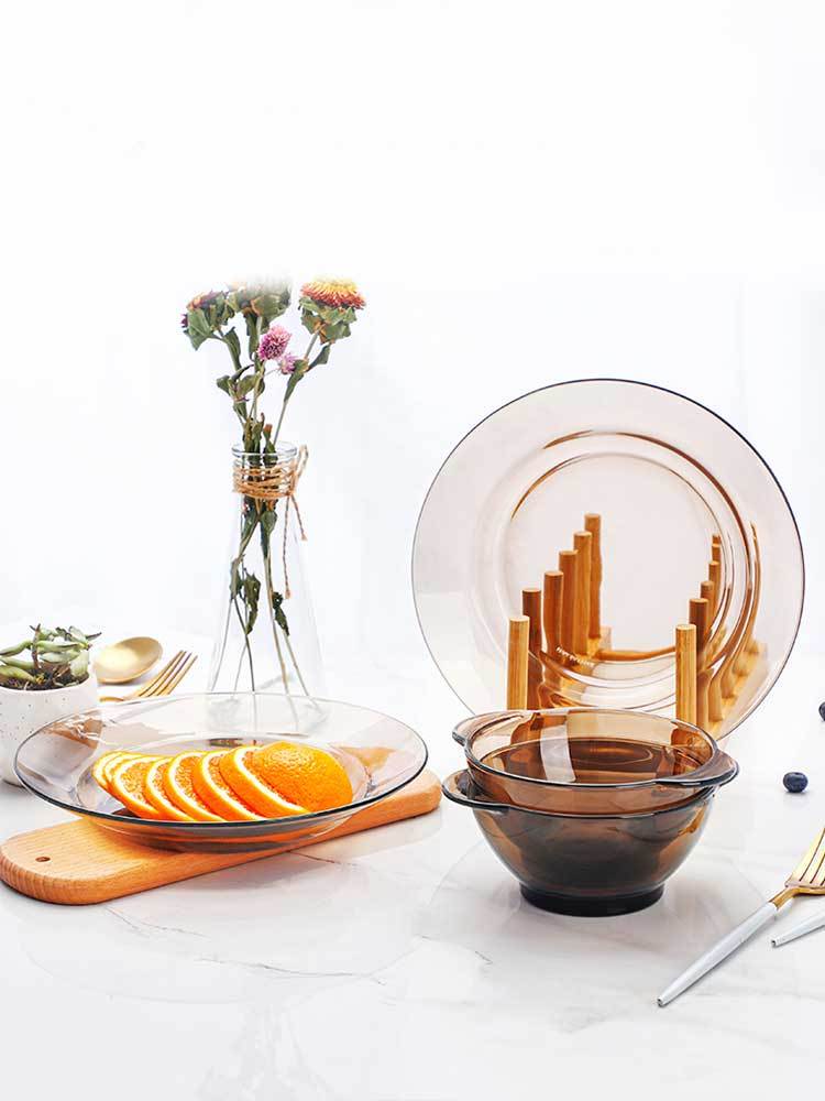 Duralex法国食品级钢化玻璃餐具咖啡色双人4件双耳碗西餐盘
