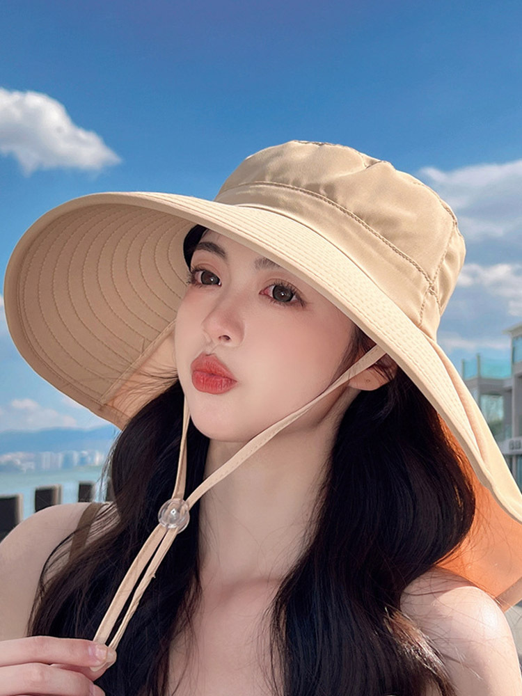 丁摩 防晒太阳帽带马尾孔帽子女大檐披肩渔夫帽潮8112·8112-成人优雅卡其