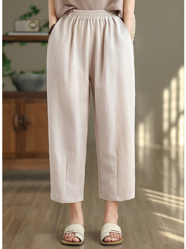 新款时尚透气棉麻松紧高腰百搭七分哈伦裤·咖啡色