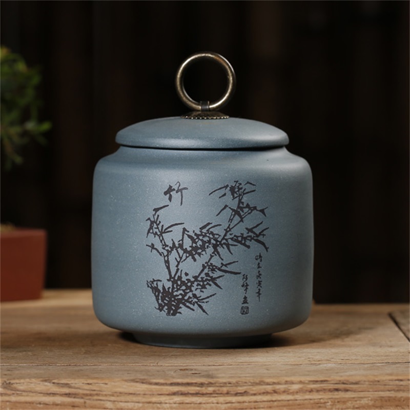 惠买官方-宜兴原矿紫砂茶叶罐（梅兰竹菊）·竹（绿泥）