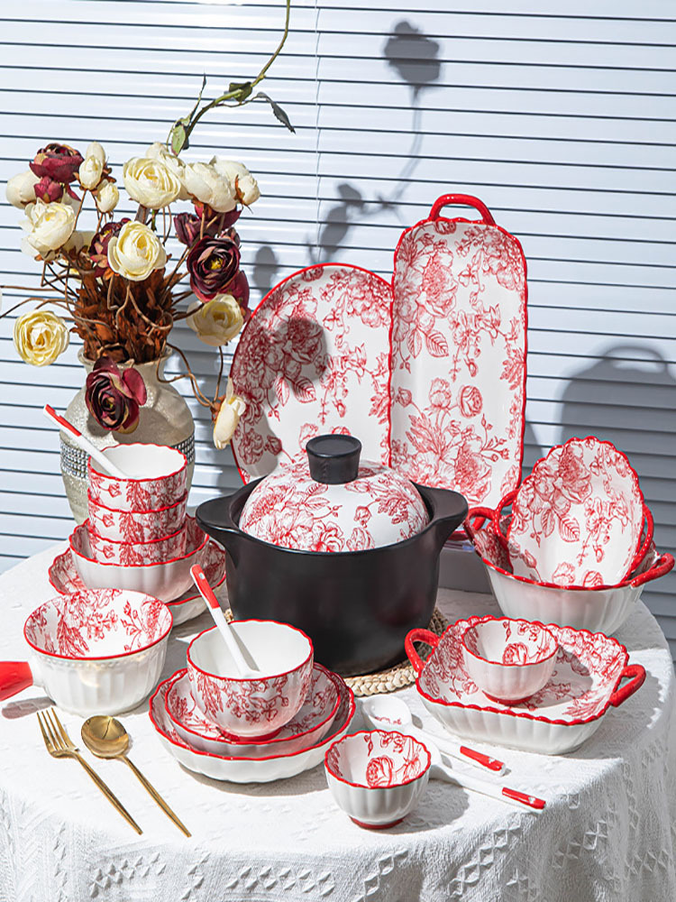 复古玫瑰皇后系列新中式陶瓷餐具4个装（7英寸荷意盘2个+8英寸荷意盘2个）