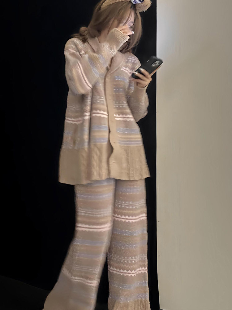 丽鸟儿新款韩版开衫条纹复古风睡衣家居服套装·FSZY-韩版开衫条纹图片色