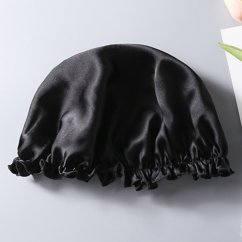 (2个装)100%桑蚕丝防尘防水防油烟保护秀发靓丽浴帽·黑色+银灰色