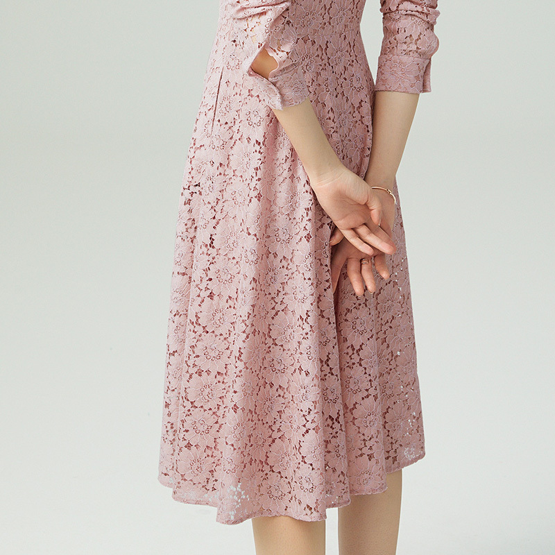 丁摩 新款长袖蕾丝连衣裙真丝棉里衬收腰显瘦气质中长衬衫裙女19-051·粉色
