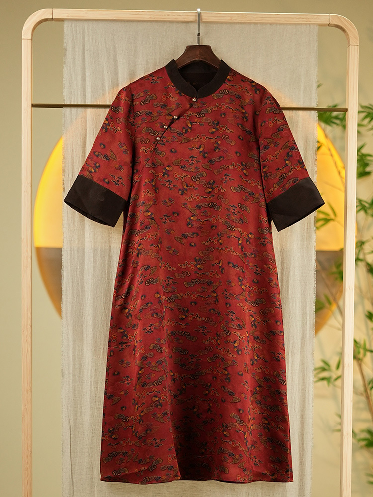 锦传统手工整染香云纱重缎连衣裙H23635·红色