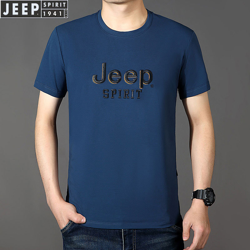 JEEP SPIRIT新款夏季圆领宽松大码纯色短袖t恤8005·蓝色