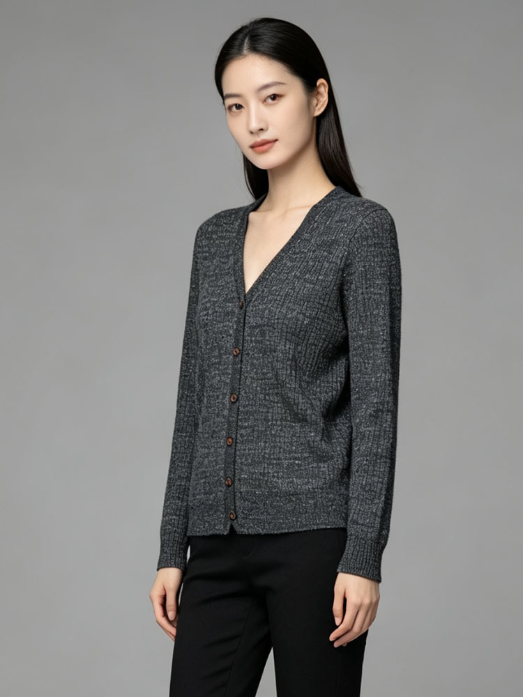 【溯源认证】锦羊毛亚麻V领长袖开衫A55WM7079HH·黑灰+碳灰