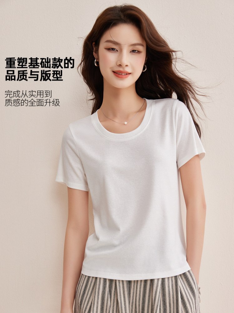 【天丝亚麻】修娴修身简约U领T恤M775·白色
