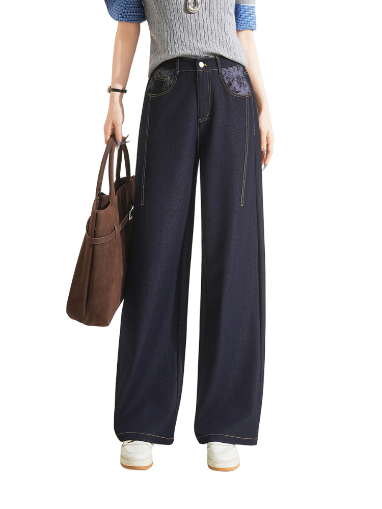 复古蓝印花弹力松紧腰阔腿裤牛仔裤Y8812#·牛仔蓝