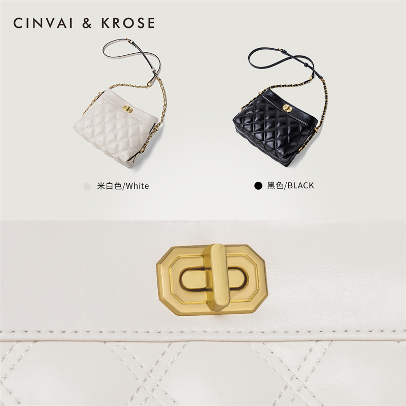 CinvaiKrose 包包潮牛皮女包链条斜挎包百搭小单肩包B6028·黑色