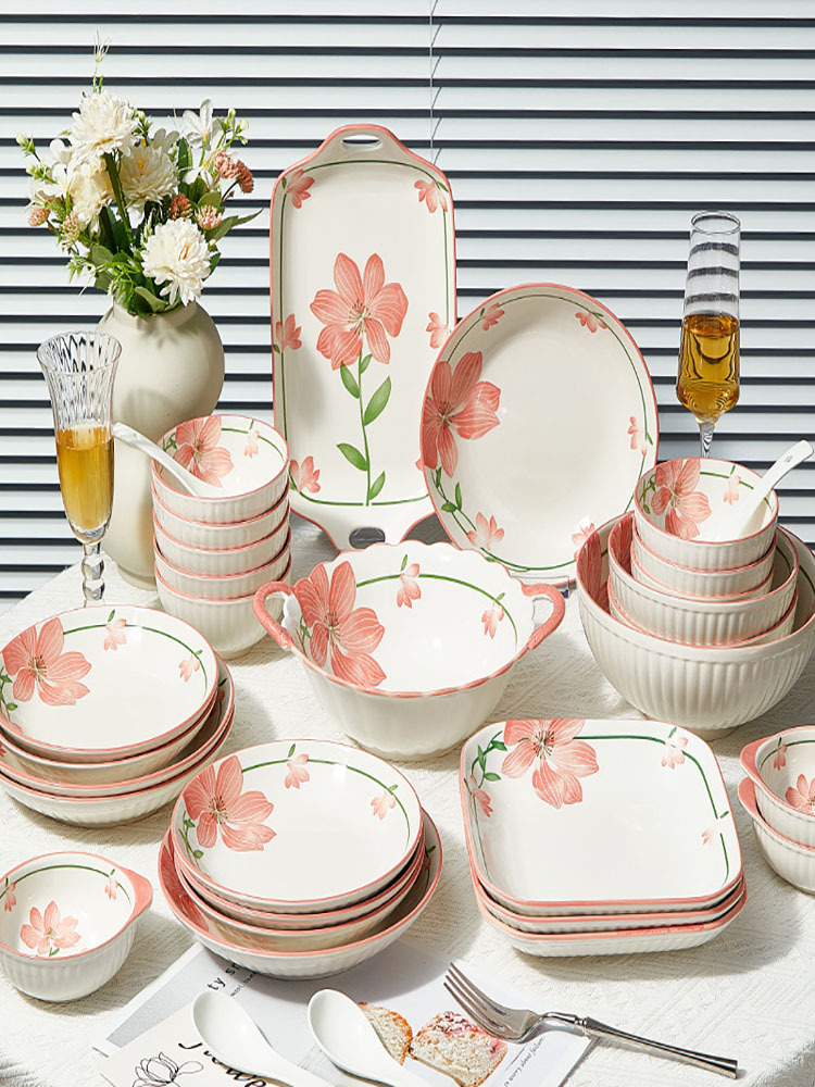 高颜值清新浪漫桔梗花陶瓷餐具套装26件套-礼盒装
