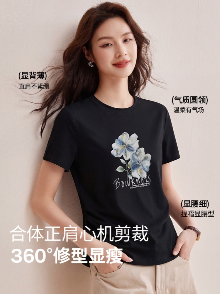 【90新疆棉】修娴艺术花朵修身T恤W121·黑色