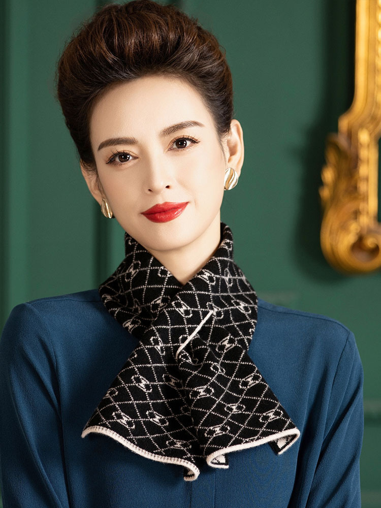 雀说 100羊毛针织提花保暖交叉围巾女2168·黑色