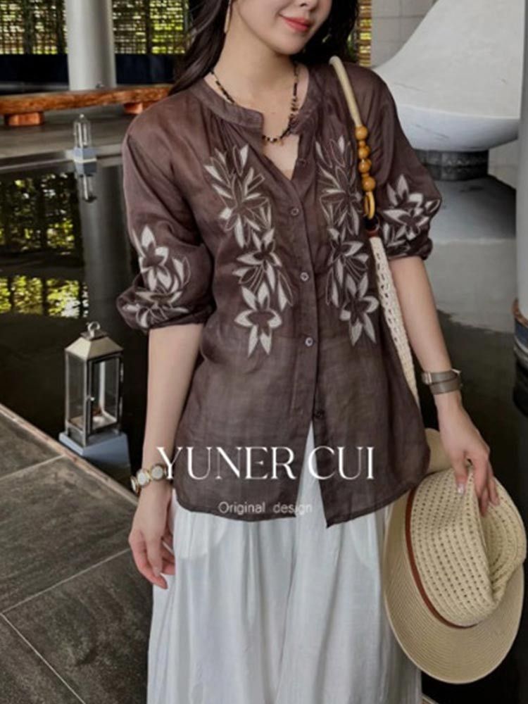 婵阅专柜高货100%苎麻刺绣季薄款透气衬衫女春夏法式宽松设计感上衣·26668-咖色