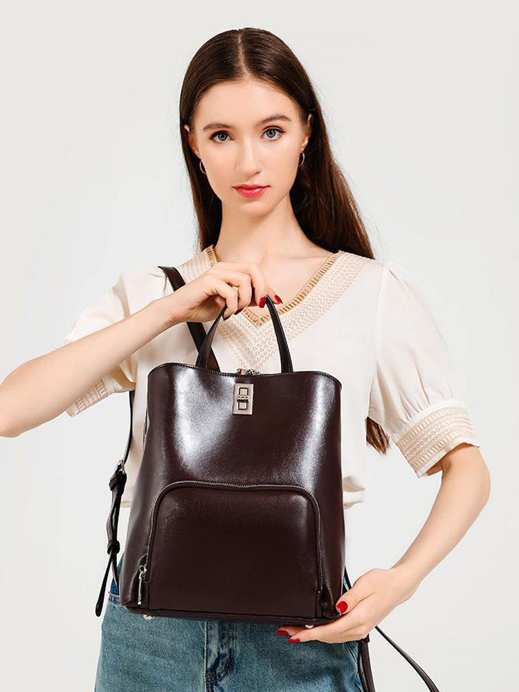 雀说 真皮大容量简约通勤背包复古牛皮双肩包6149-D·咖色