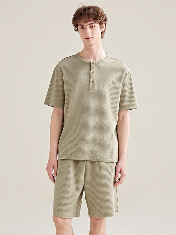 浩尔男式轻盈条亨利领短袖短裤套服·苔藓色