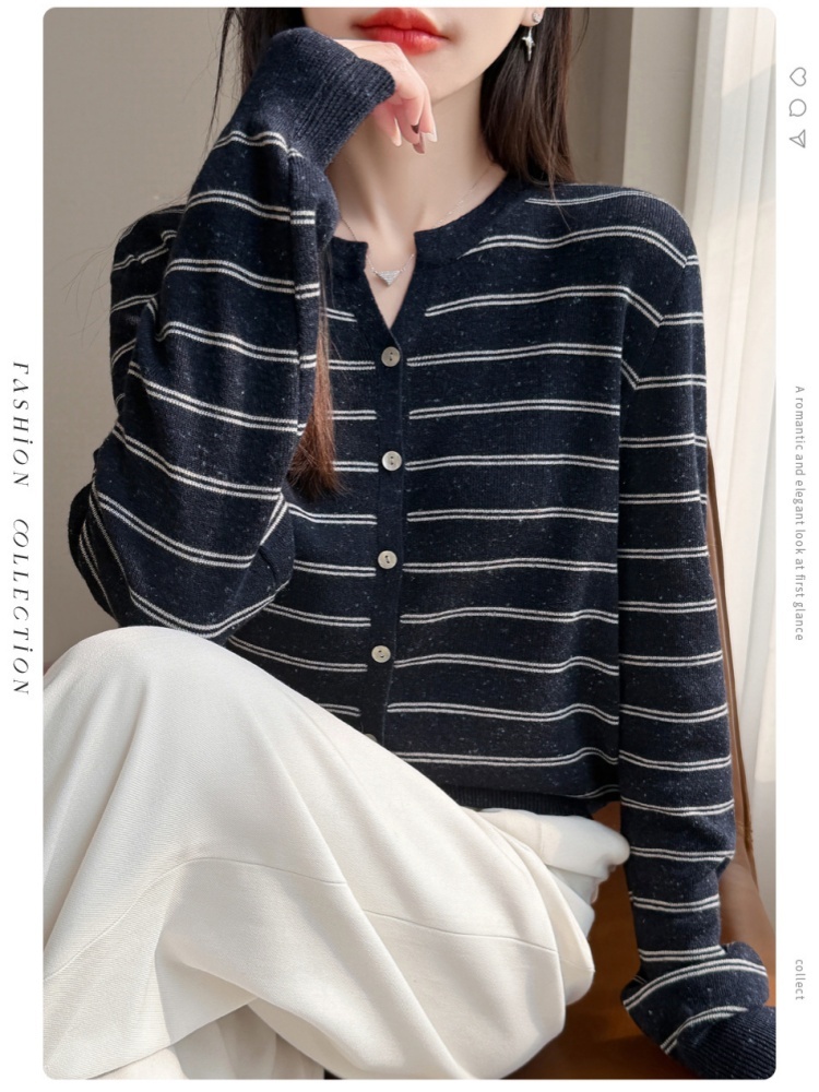 【精纺羊毛】特舒减龄条纹小V领开衫针织衫TS-612·藏蓝