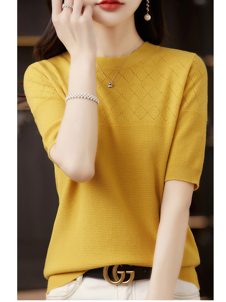 【新款特价】羊毛镂空设计感菱格气质百搭五分袖上衣·果绿色