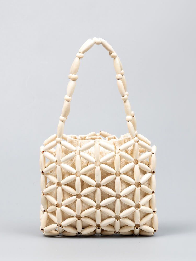 设计感手工镂空木珠串珠小手提包BB-23002YX·奶白