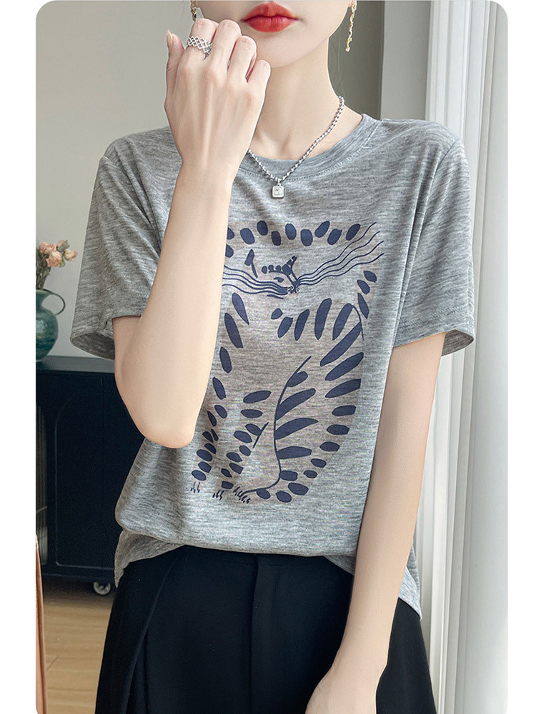 新款超细纤维圆领印花清爽透气时尚减龄短袖·灰色