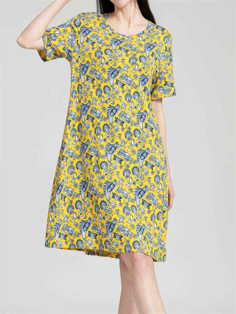 【专柜同步】纤丝鸟鸟语花香系列女士圆领半袖裙·黄色花