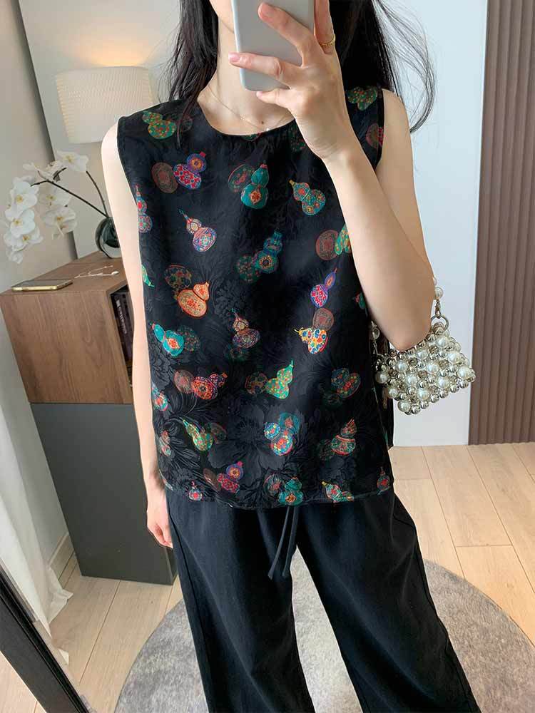 婵阅专柜高货新中式老钱风~25姆米真丝花萝红云纱双面穿马甲/斜襟旗袍小衫上衣-斜门襟短袖
