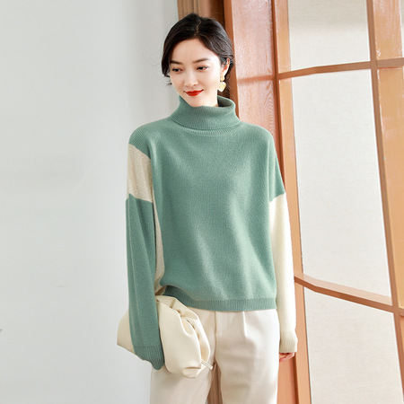 凁侈纯羊毛拼色高领针织羊毛衫b79007石坂绿加白