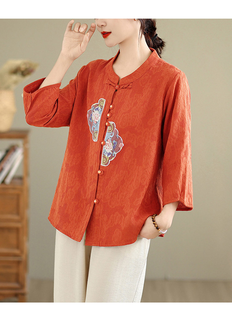 棉麻刺绣复古盘扣气质显瘦上衣·粉色上衣