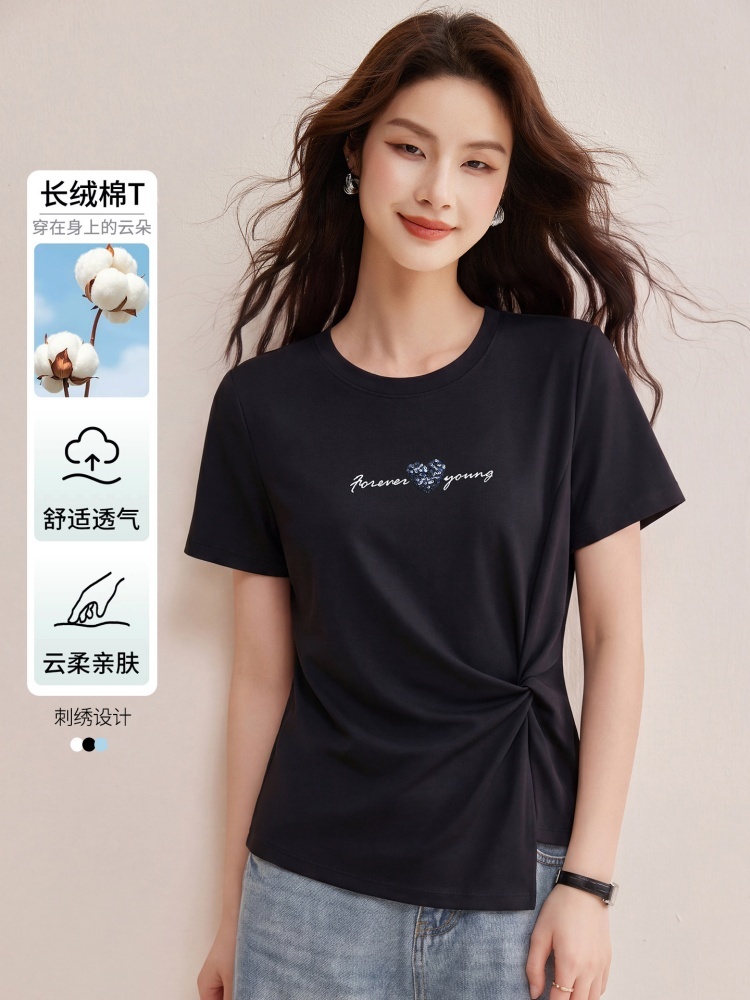 【90新疆棉】修娴小蛮腰扭结设计刺绣T恤W101·白色