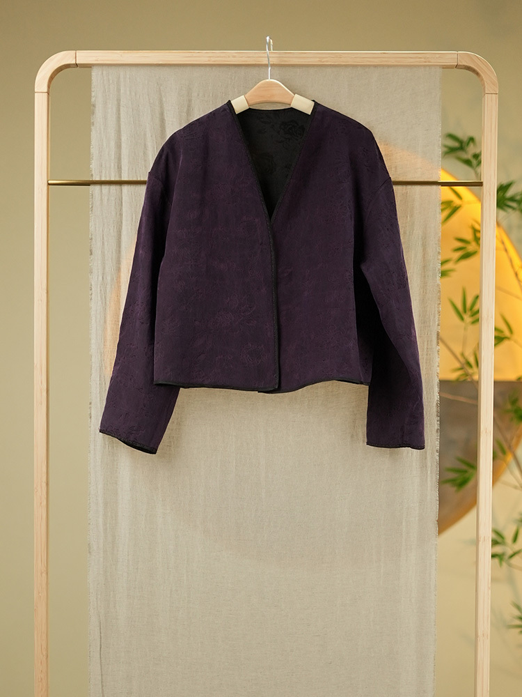 锦传统手工整染香云纱提花缎上衣2409·黑色/紫色