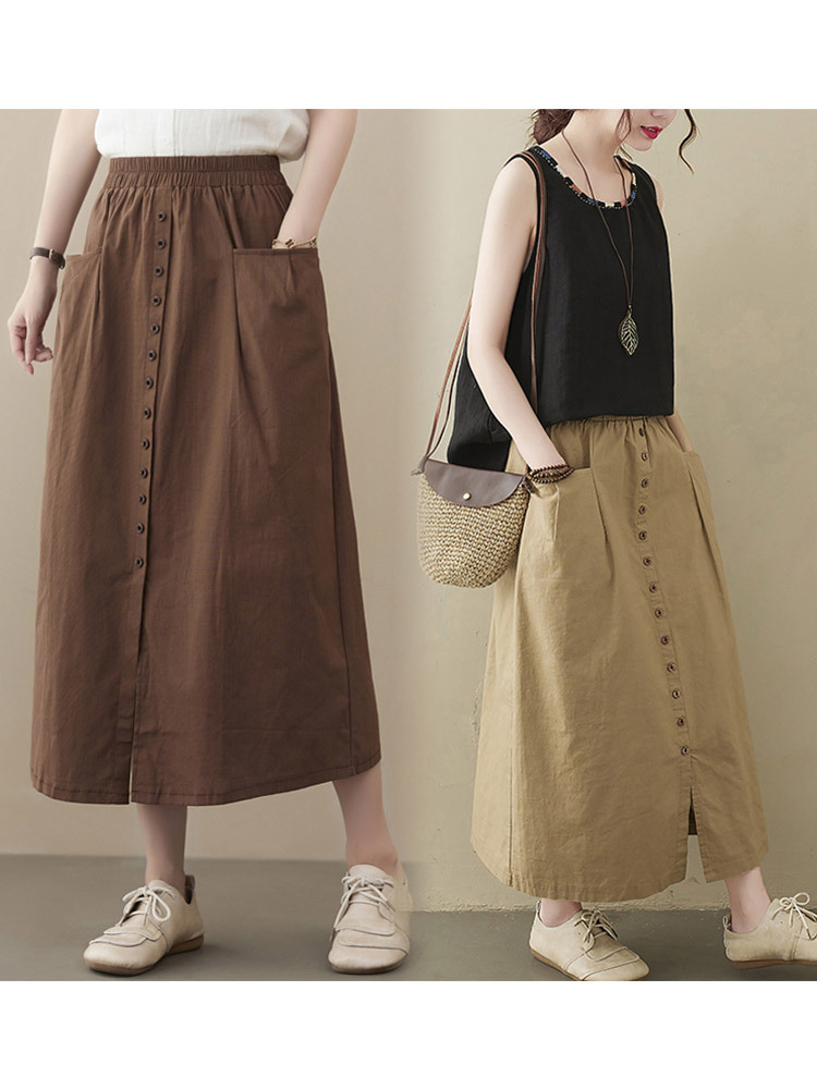 新款棉麻文艺复古松紧腰口袋显瘦百搭中长款半裙·黑色