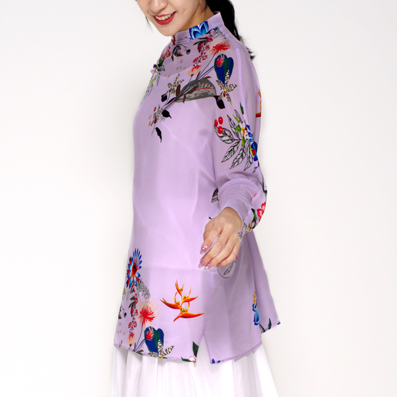 丁摩  江南范改良旗袍中式真丝t恤女桑蚕丝旗袍中式风上衣女20-11·紫色