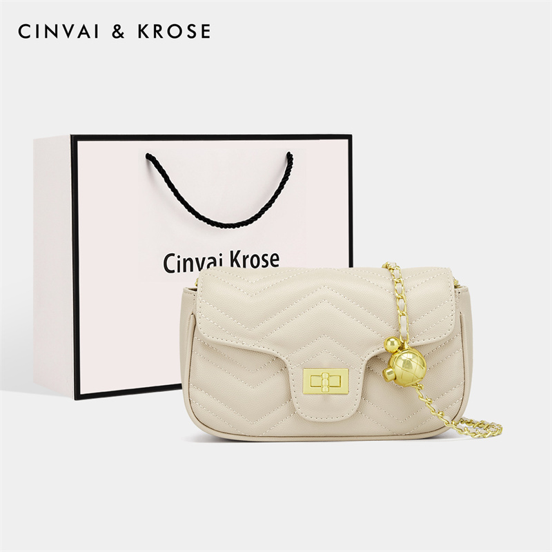 CinvaiKrose 包包女百搭斜挎包菱格链条单肩包女包B6350·米白色