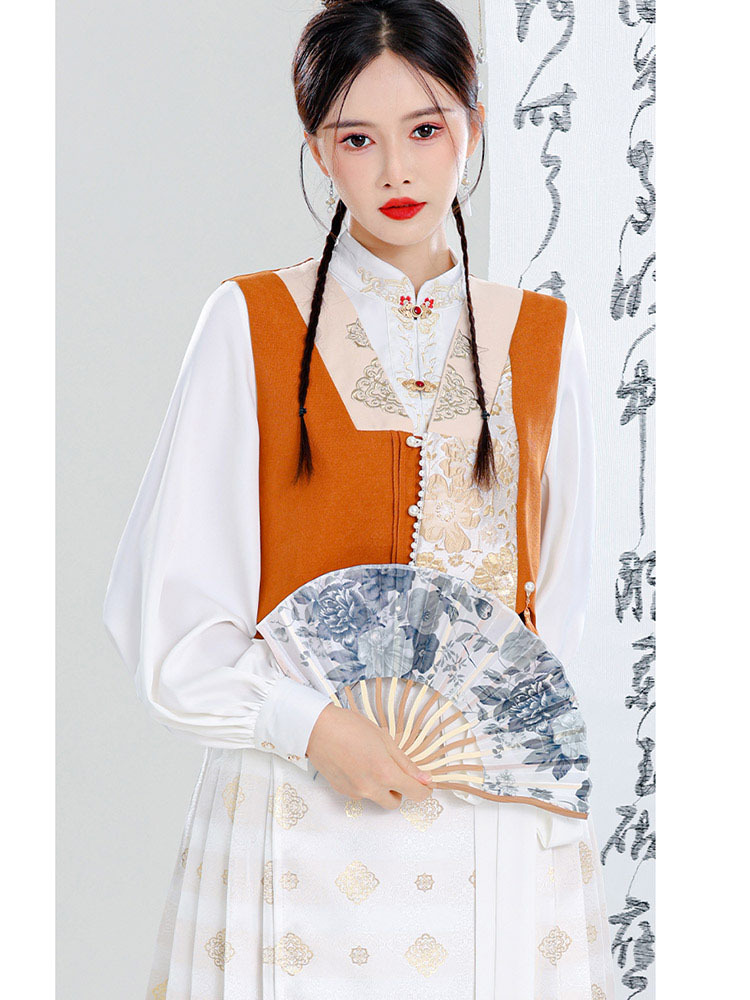 中式浪漫国风上衣马甲马面裙三件套·橘色马甲
