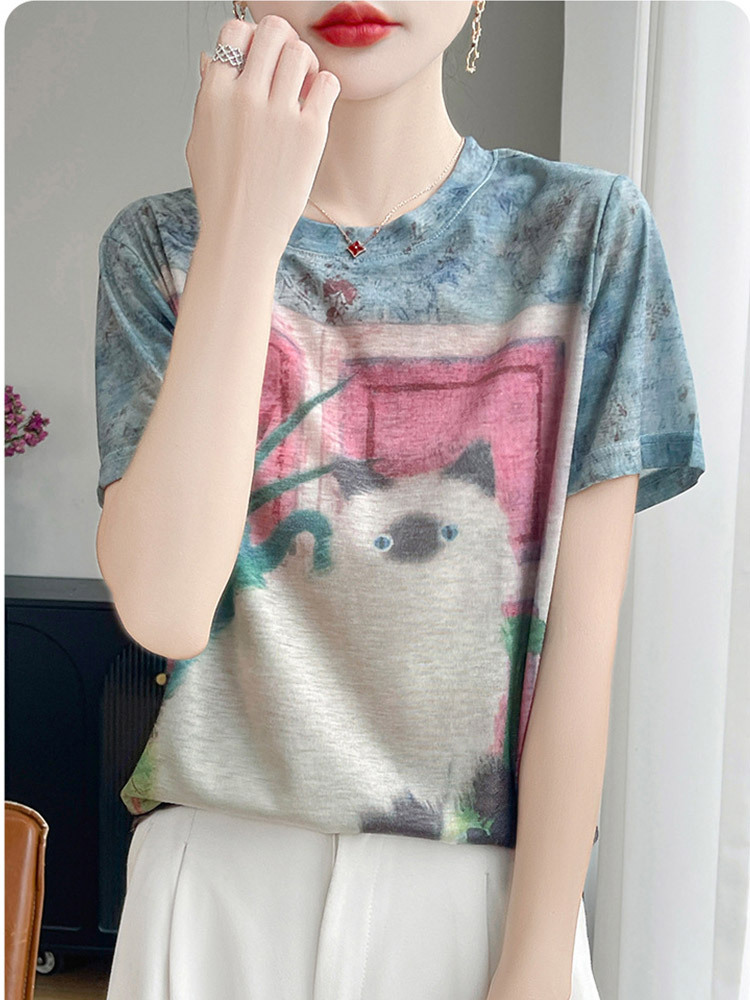 新款超细纤维晕染印花宽松时尚圆领短袖·壁画上的猫