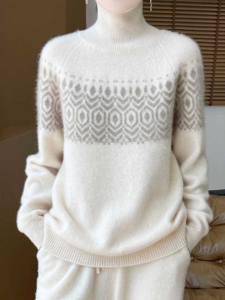 【100羊毛】特舒双股厚款复古提花高领毛衣TS-259·米色