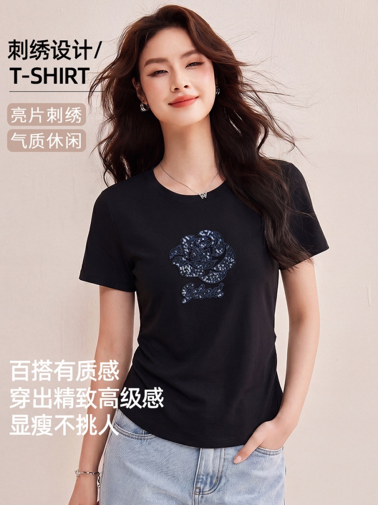 【90新疆棉】修娴玫瑰亮片刺绣T恤W78·黑色